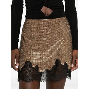 Self-Portrait Gold Crystal Mini Skirt Lace Trim Scallop Hem US12 NWT Party